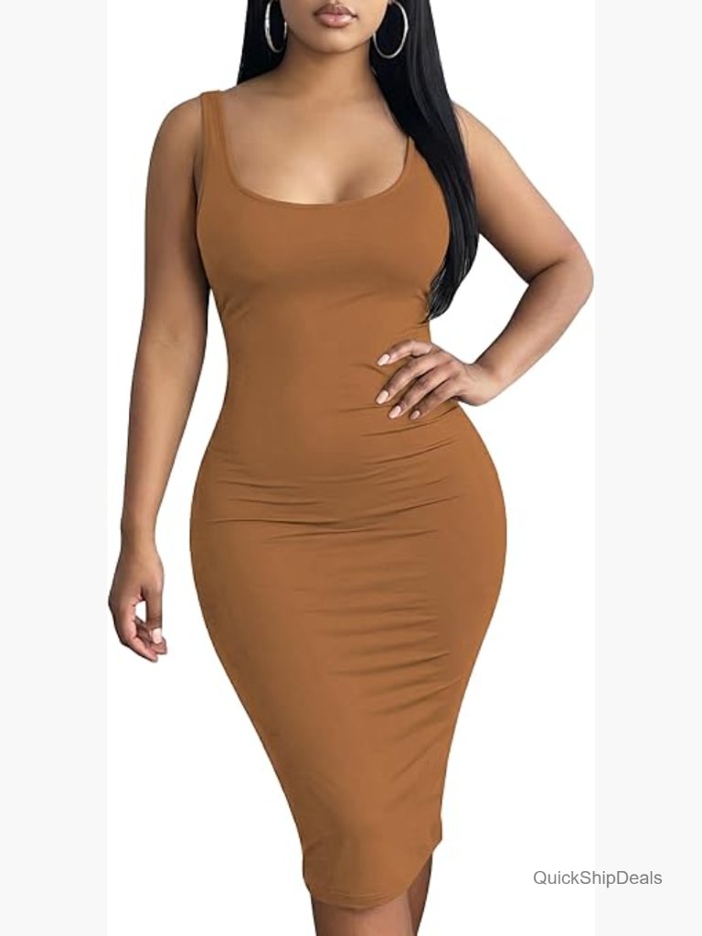 Sleeveless Scoop Neck Bodycon Midi Tank Dress - Stretchy Fitted Pencil Dress